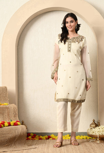 Cream Kurta Set with Zardozi, Crystal, Sequence and Pearl Work