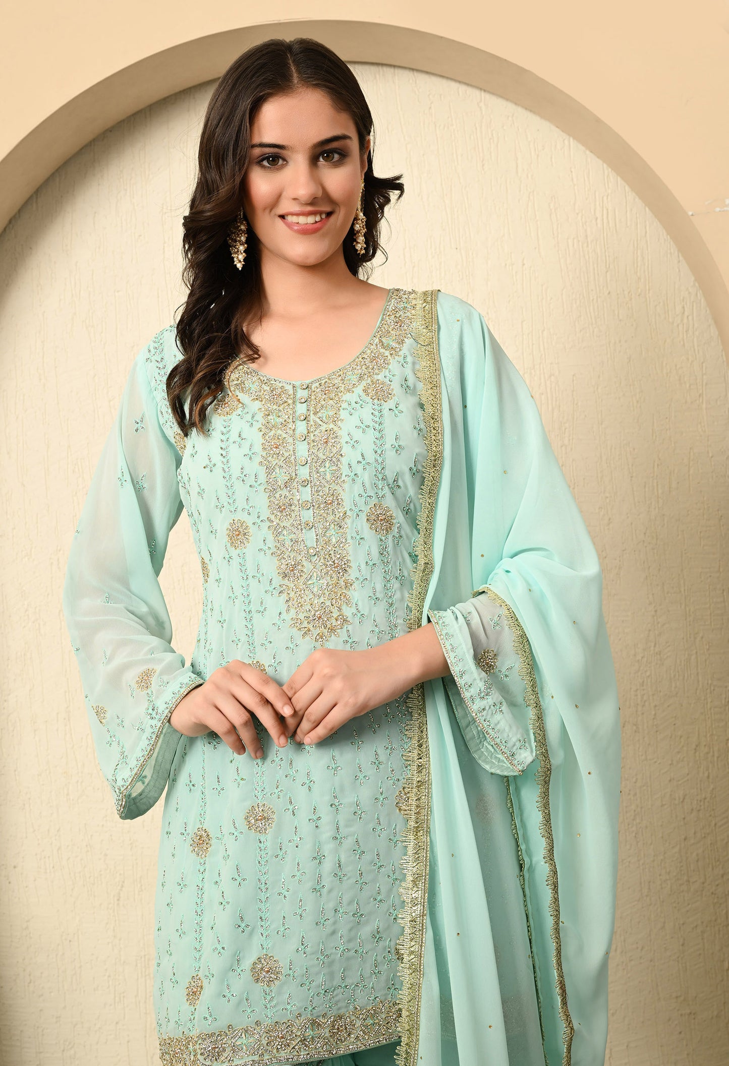 Light Green Sharara Set with Mesmerizing Thread and Crystal Work