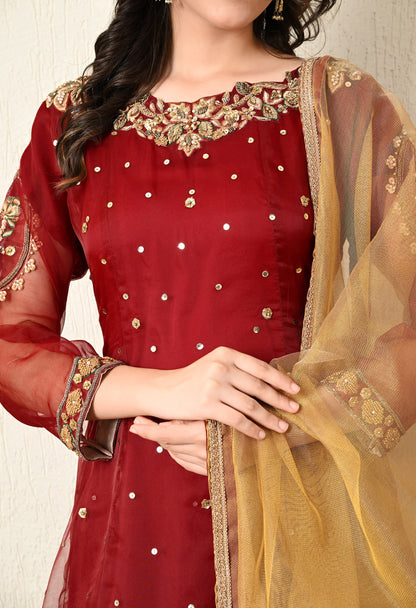 Dark Maroon Anarkali Set with Zardozi, Dabka and Sequence