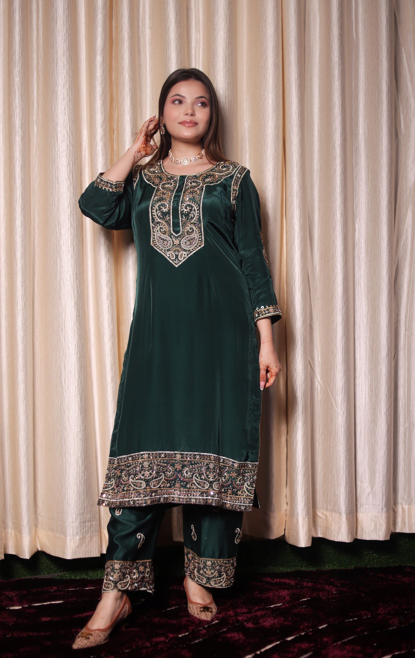 Mesmerising Bottle Green Kurta Set with Intricate Zardozi Work