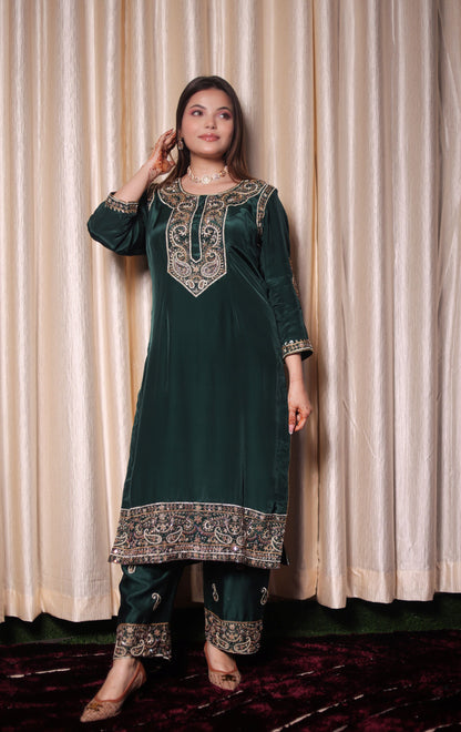 Mesmerising Bottle Green Kurta Set with Intricate Zardozi Work