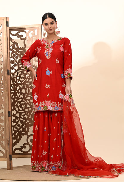 Vibrant Red Silk Sharara Set with Zardozi Embroidery, Thread, and Pearl Work