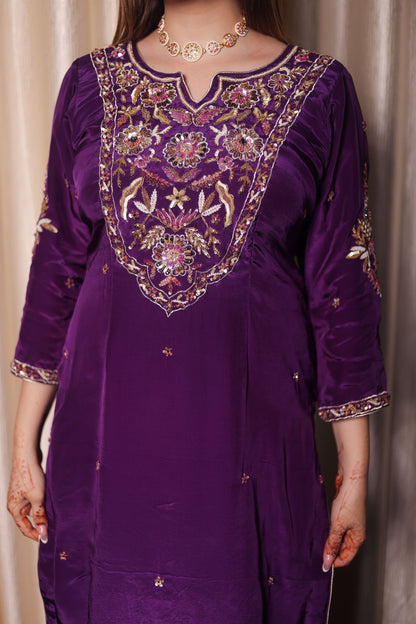 Mesmerising Royal Purple Kurta Set with Beautiful Zardozi, Thread, and Sequence Work