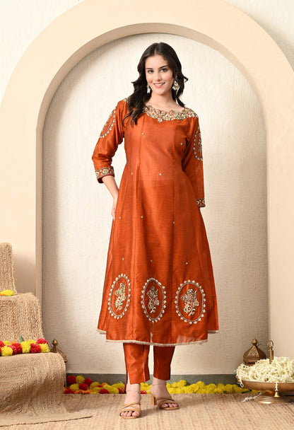 Golden Brown Anarkali Set with Zardozi, Dabka, Sequence, and Thread Work