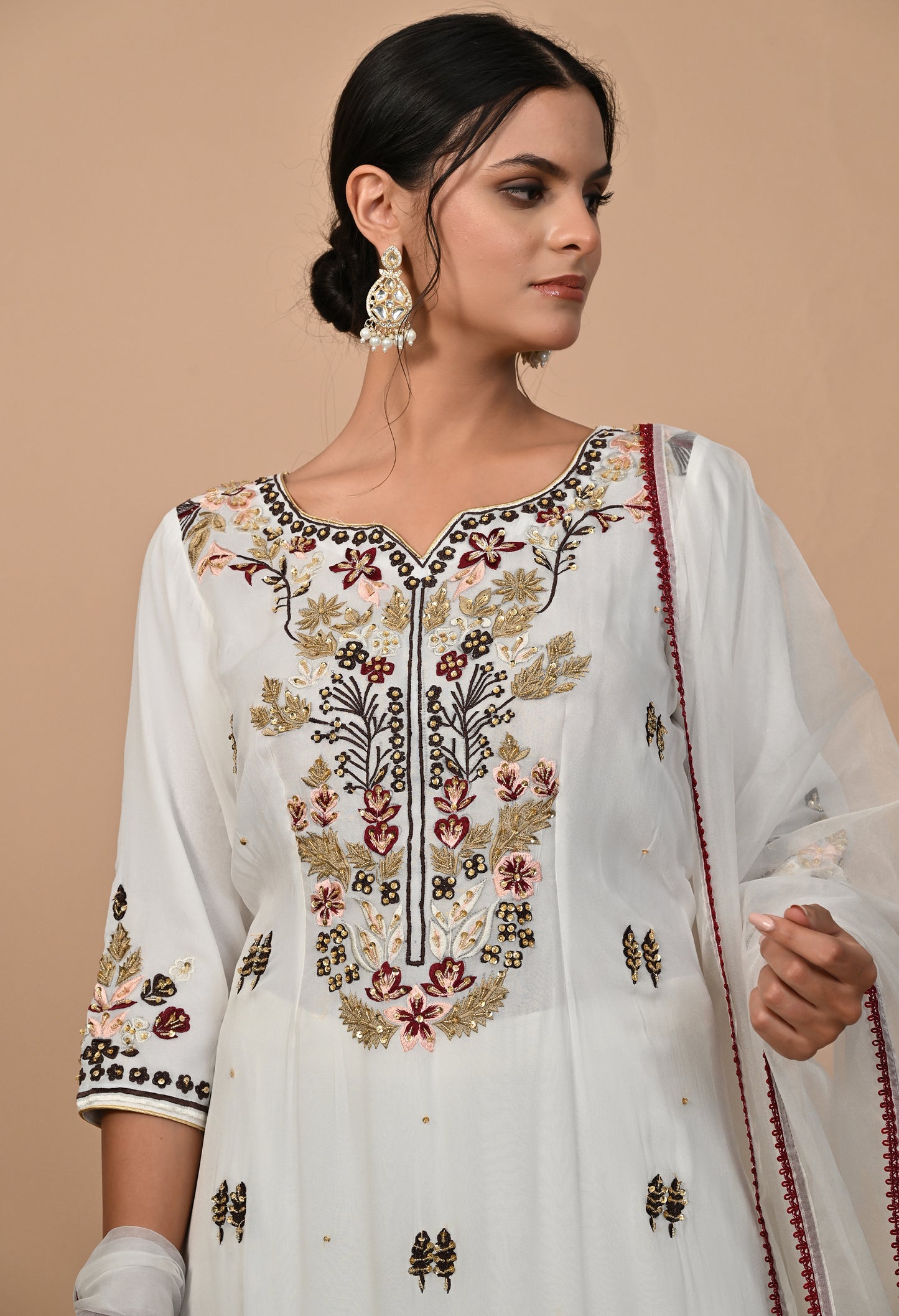 Delicate Light Cream Kurta Set with Intricate Thread Work