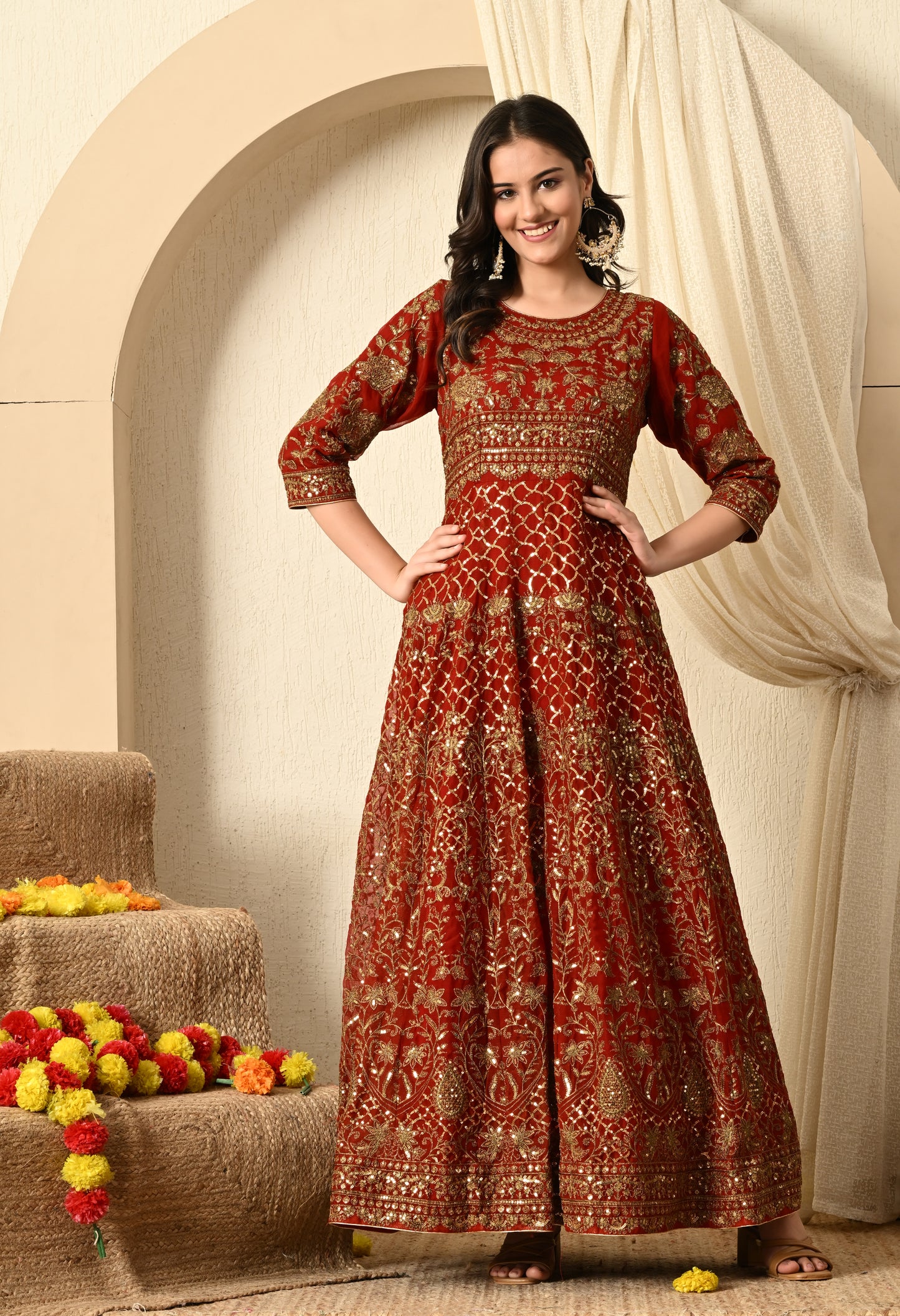 Maroon Red Anarkali with Exceptional Zardozi, Sequence and Zari Work