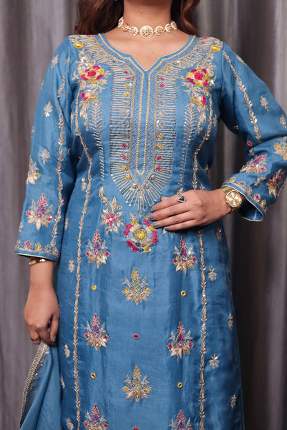 Sophisticated French Blue Organza Kurta Set with Exquisite Embroidery