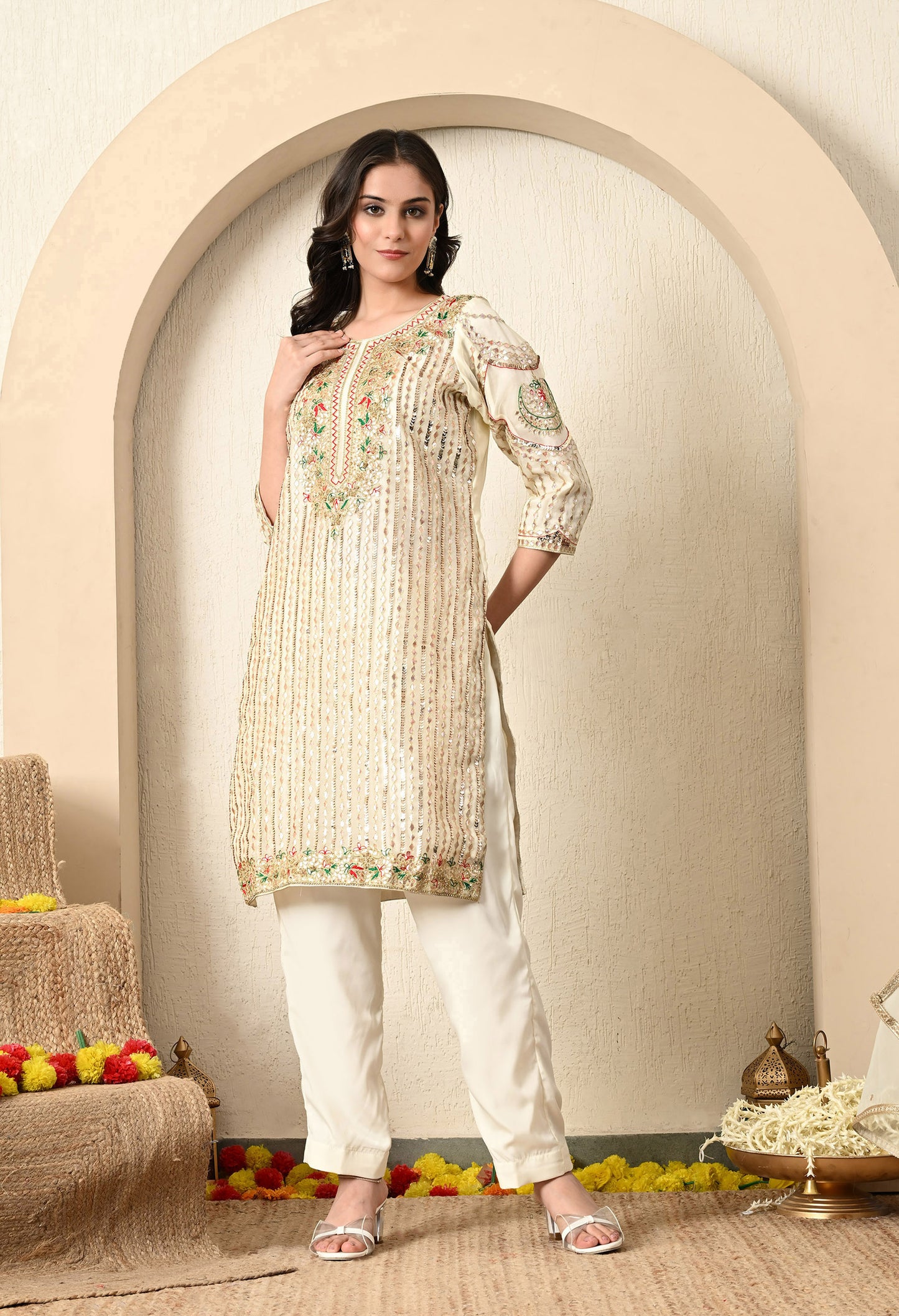 Golden Cream Kurta Set with Gotta, Thread, Zardozi, and Sequence Work