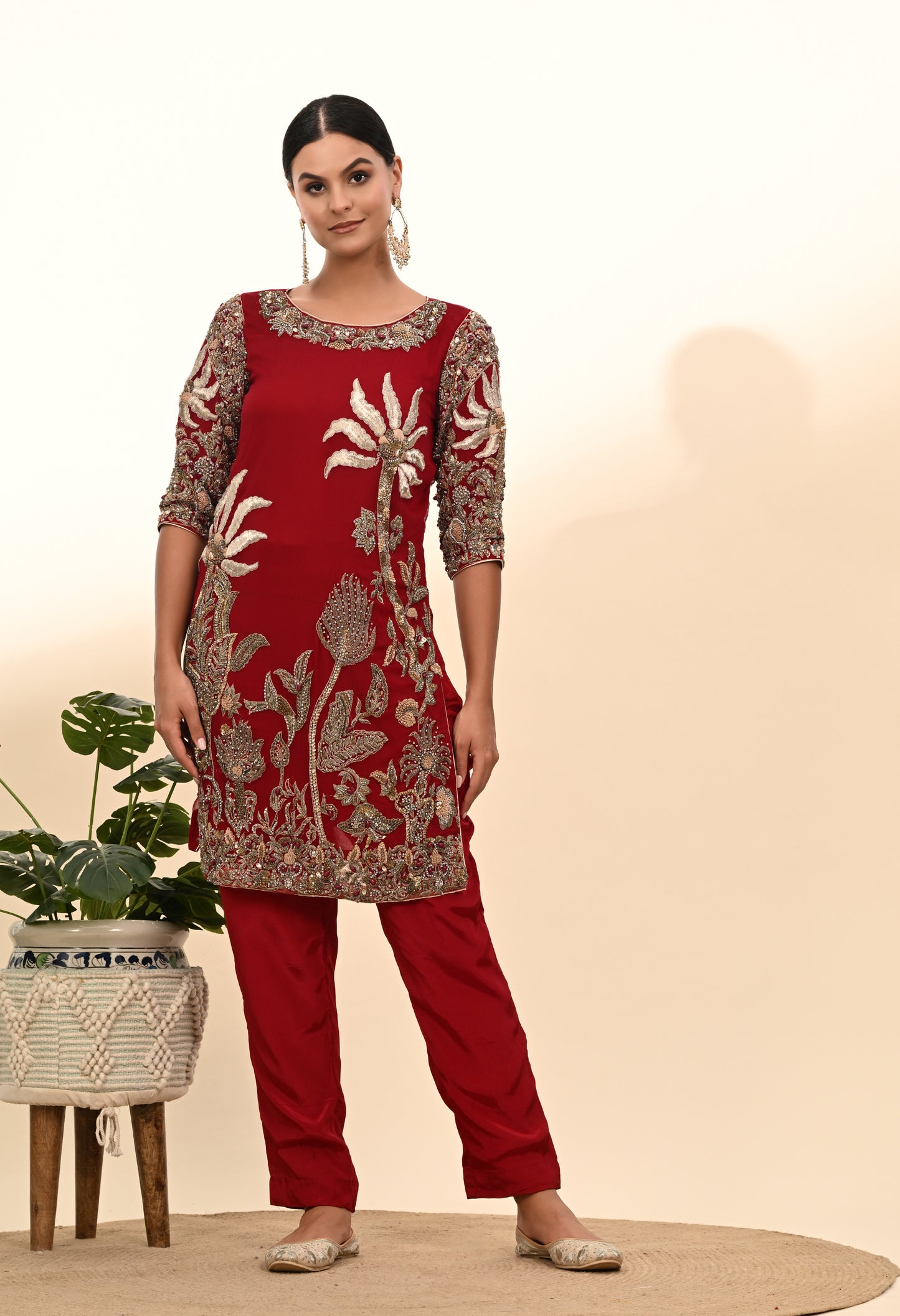 Rich Reddish Maroon Kurta Set with Zardozi Embroidery