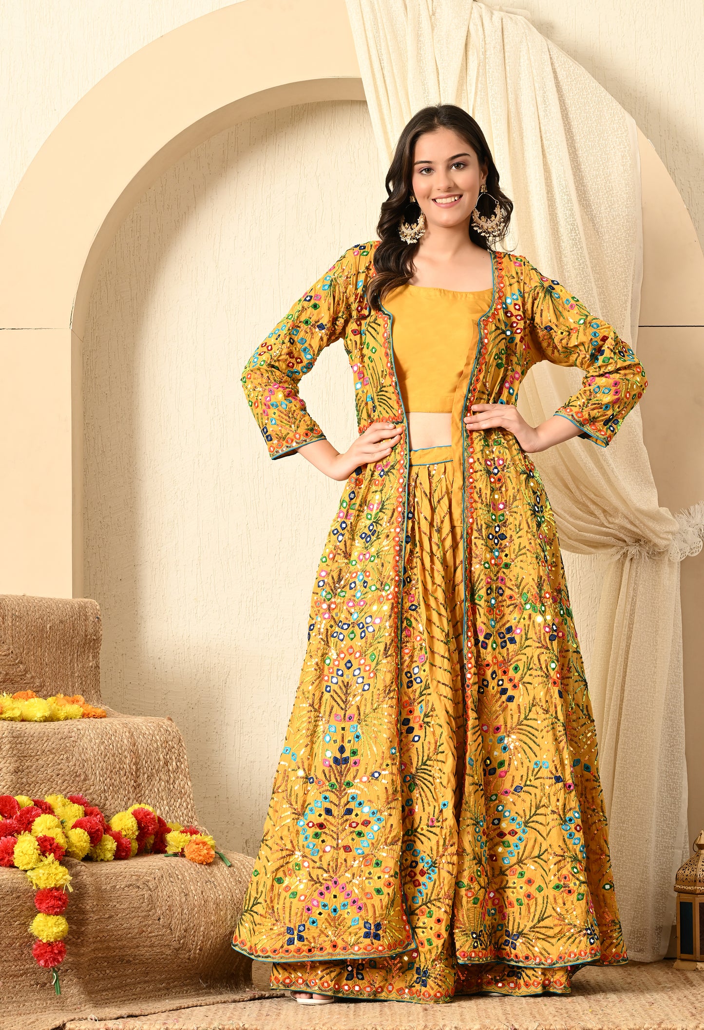 Yellow Lehnga ( With Jacket ) embroided with Thread, Mirror, and Sequence Work