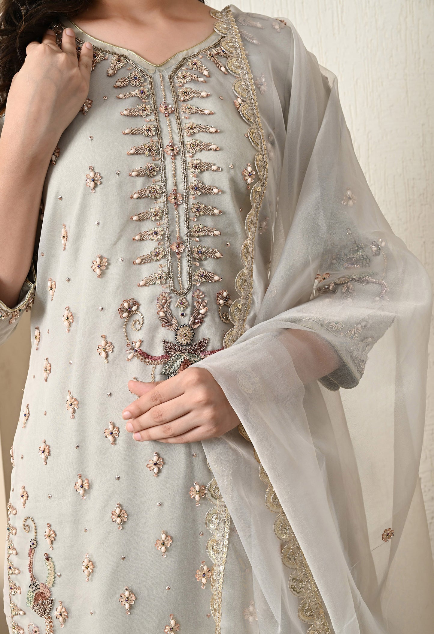 Light Grey Kurta Set with exquisite Zardozi Work