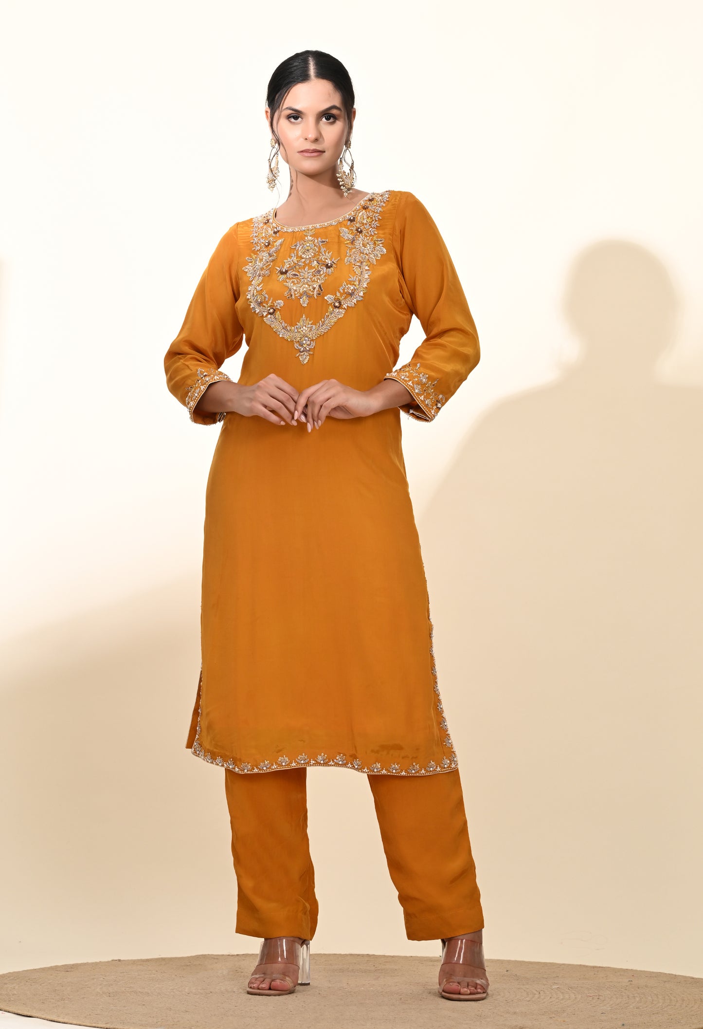 Elegant Mustard Yellow Kurta Set with Refined Zardozi Embroidery