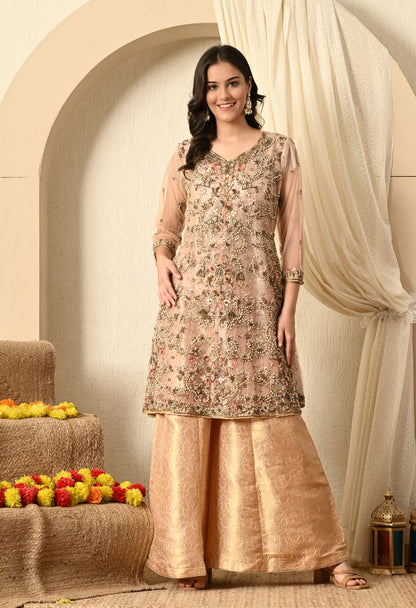 Peach Sharara Set with Zardozi, Thread, Sequence and Cutdana Work