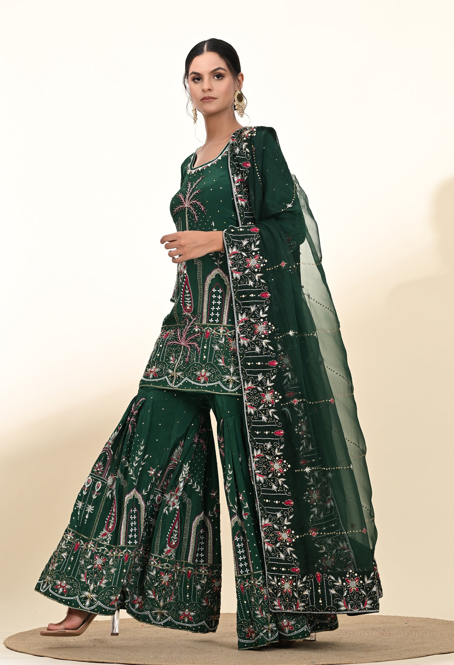 Royal Bottle Green Sharara Set with Exquisite Zardozi Embroidery