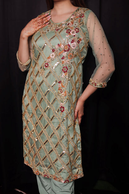 Subtle Light green Kurta Set with Beautiful Zardozi, Thread, and Sequence Work