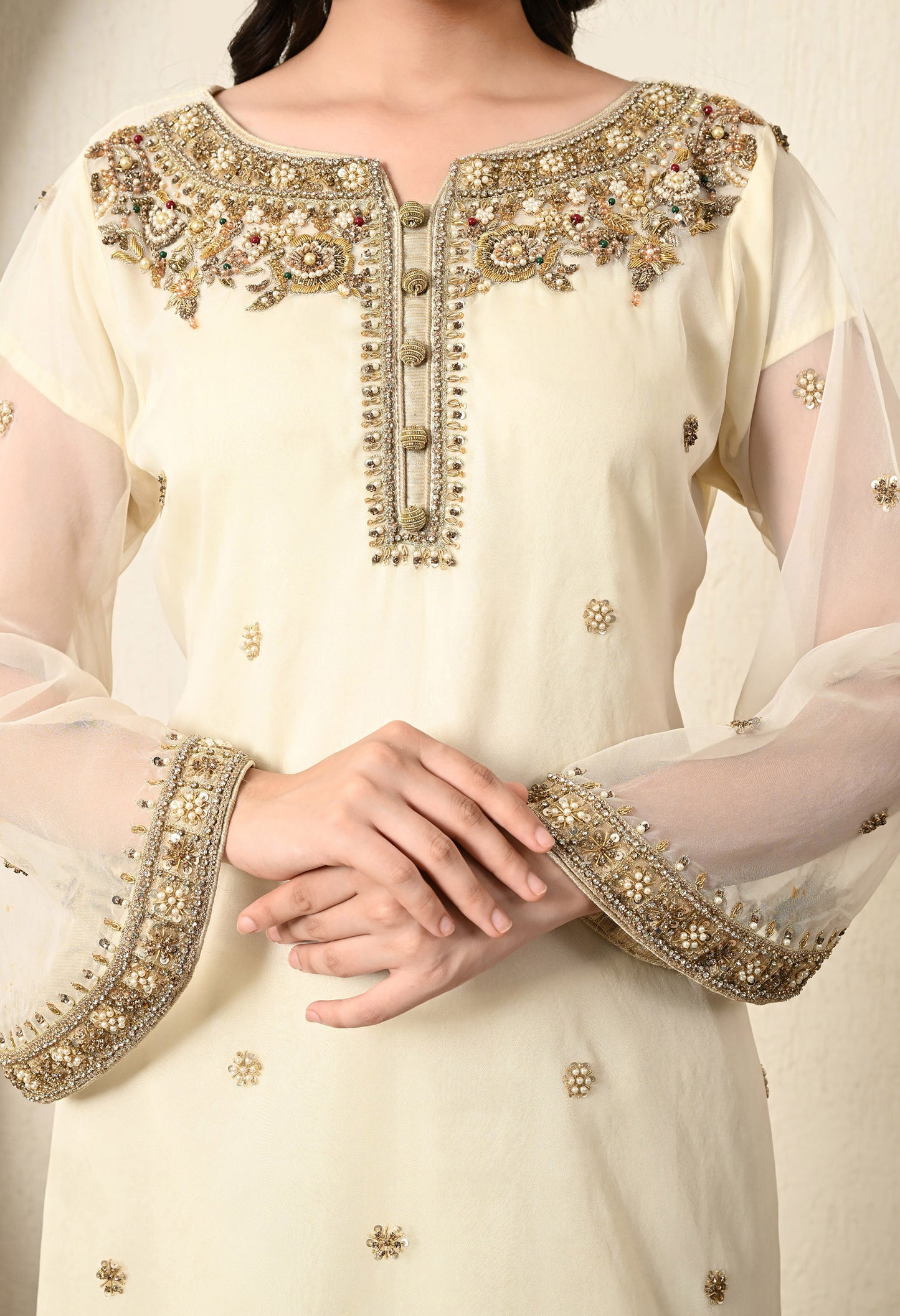 Cream Kurta Set with Zardozi, Crystal, Sequence and Pearl Work