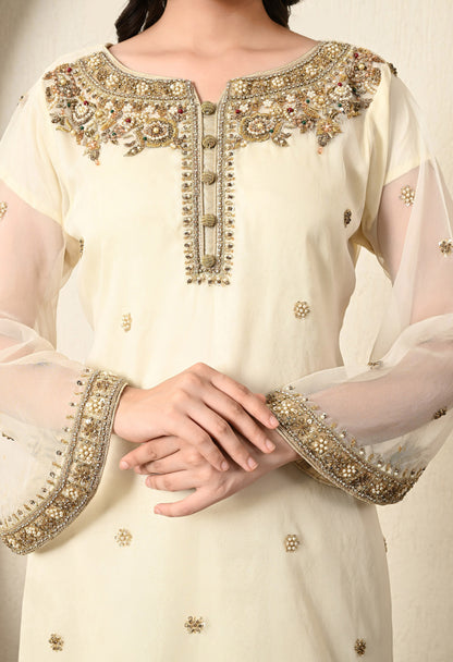 Cream Kurta Set with Zardozi, Crystal, Sequence and Pearl Work