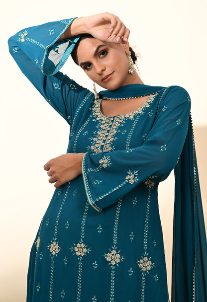 Striking Firozi Blue Georgette Sharara Set with Thread and Crystal Embroidery