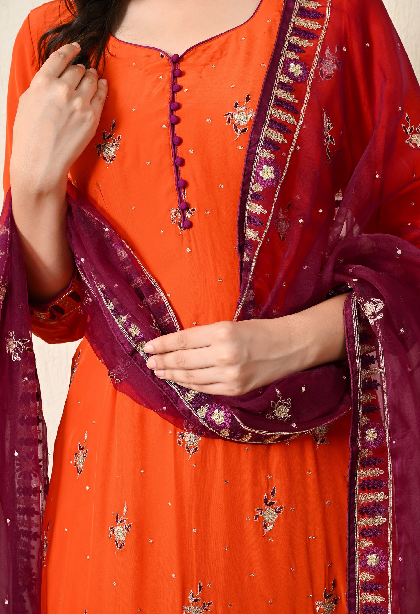 Orange Kurta Set with Zardozi, Sequence and Thread Work