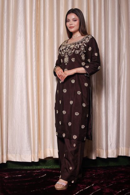 Chocolate Brown Kurta Set with Beautiful Zardozi, Tilla, and Sequence Work