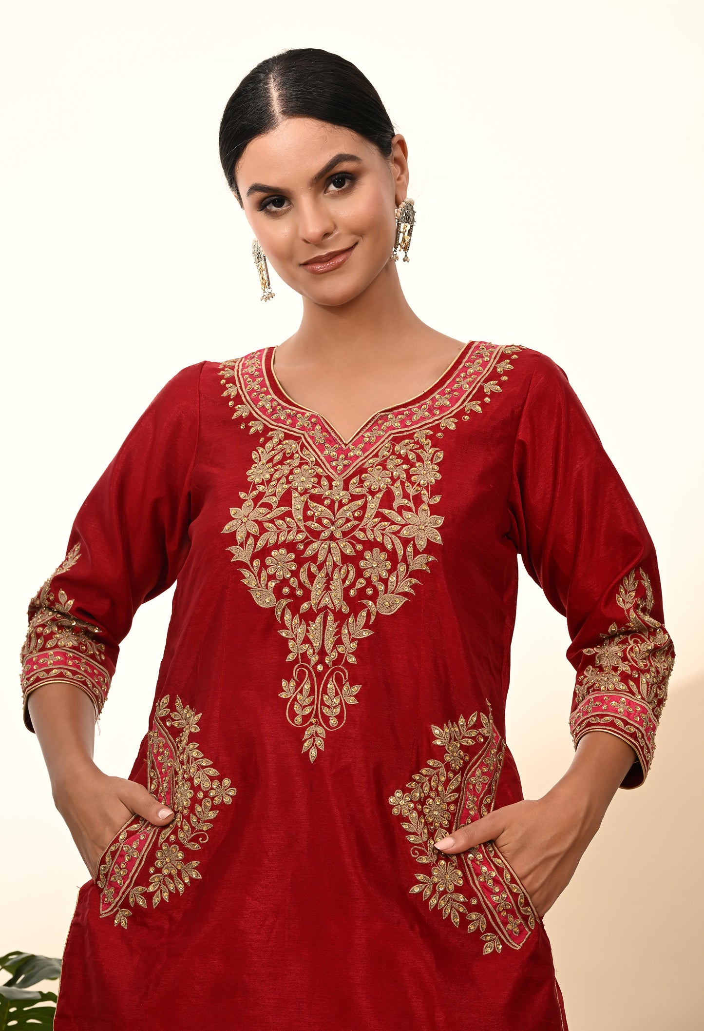 Deep Maroon Silk Kurta Set with Thread and Sequin Embroidery