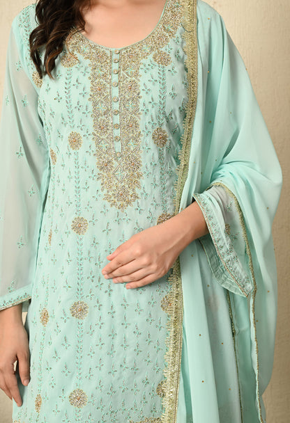 Light Green Sharara Set with Mesmerizing Thread and Crystal Work