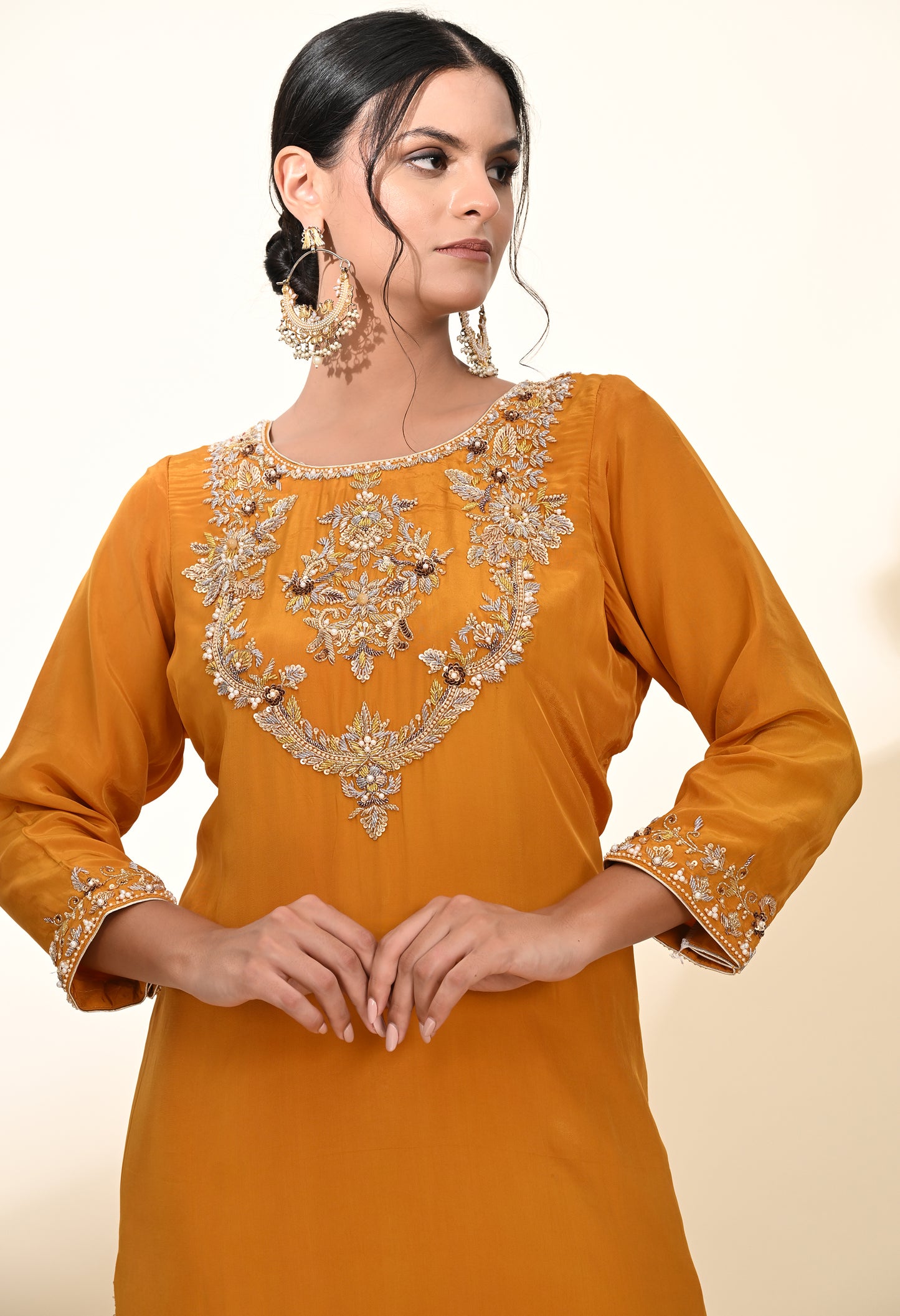 Elegant Mustard Yellow Kurta Set with Refined Zardozi Embroidery