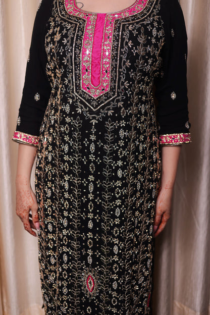 Stunning Black Kurta Set with Beautiful Zardozi, Applique, Leather, and Crystal Work