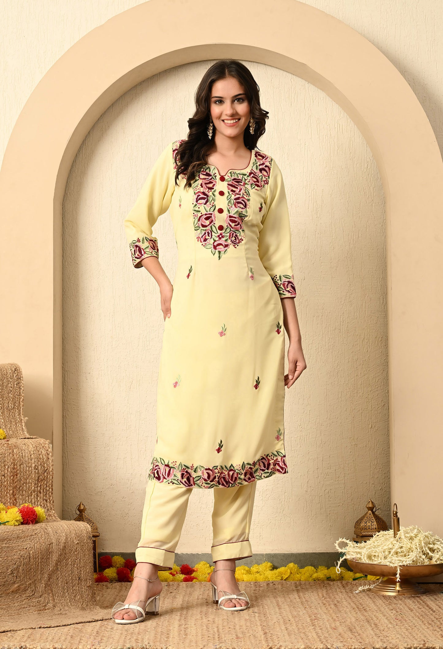 Custard Yellow Kurta Set with Thread and Parsi Work