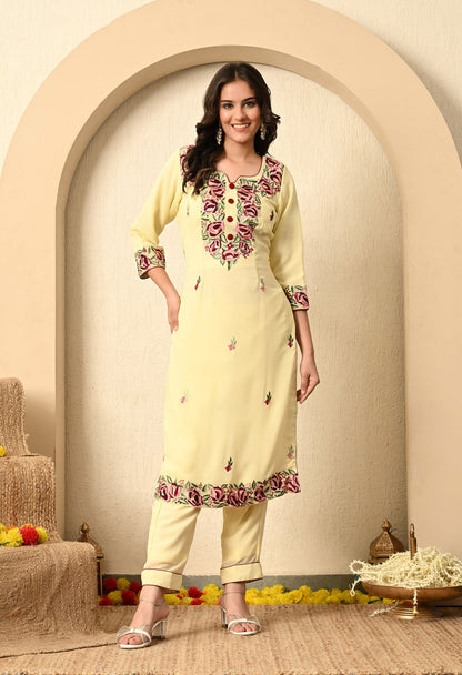 Custard Yellow Kurta Set with Thread and Parsi Work