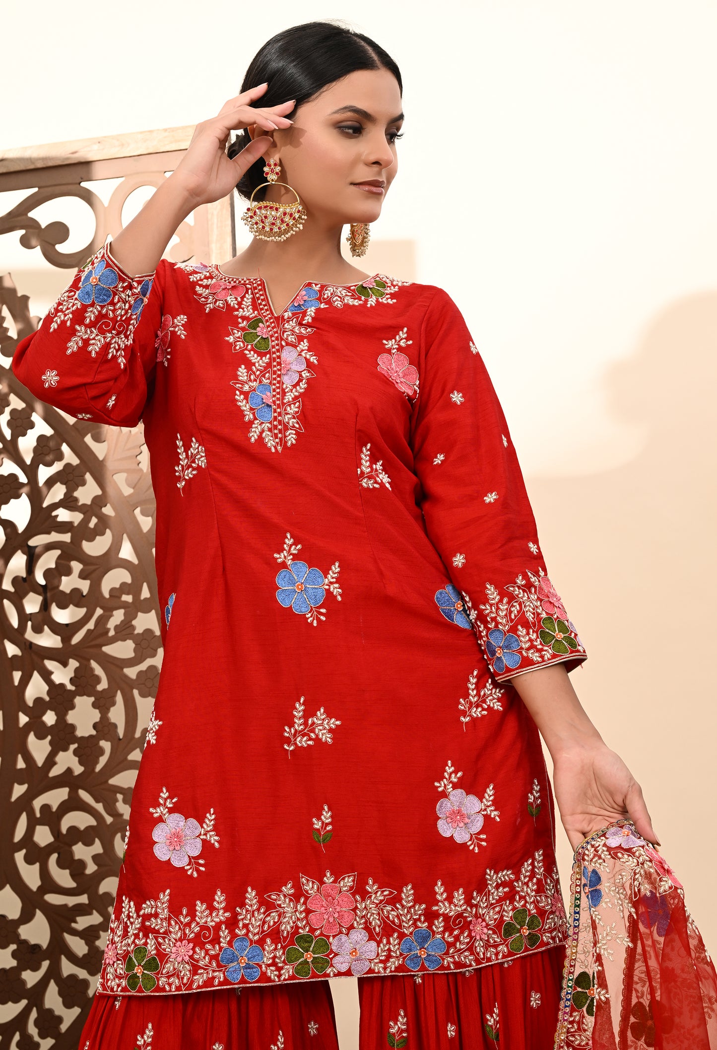 Vibrant Red Silk Sharara Set with Zardozi Embroidery, Thread, and Pearl Work