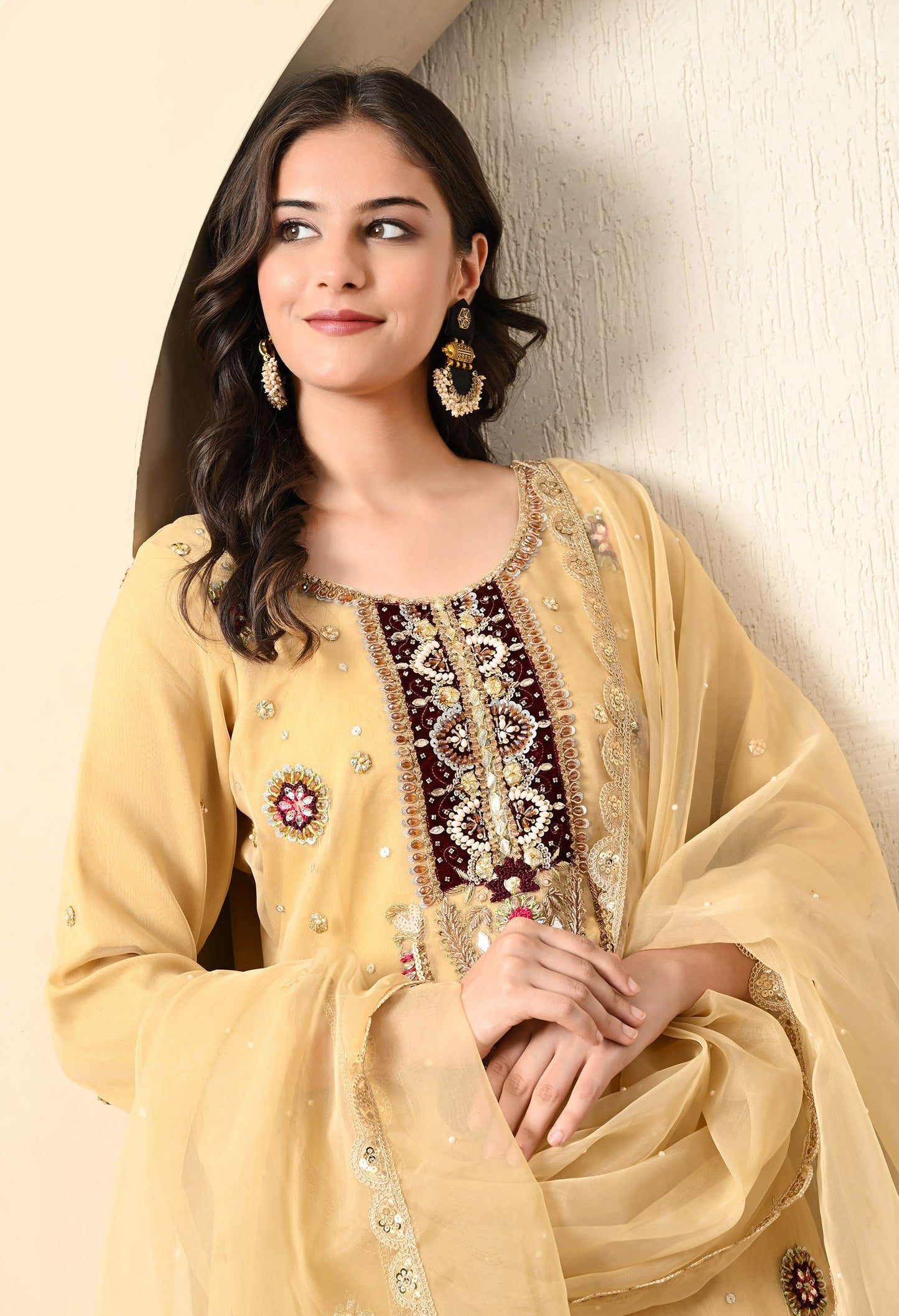 Golden Yellow Kurta Set with Zardozi, Thread, Pearl and Mirror Work