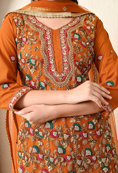 Yellowish Orange Kurta Set with Thread, Zardozi and Sequence Work