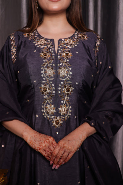 Subtle Dark Grey Kurta Set with Intricate Mukaish Work