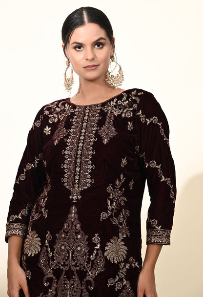 Rich Dark Maroon Kurta Set with Exquisite Zardozi Embroidery