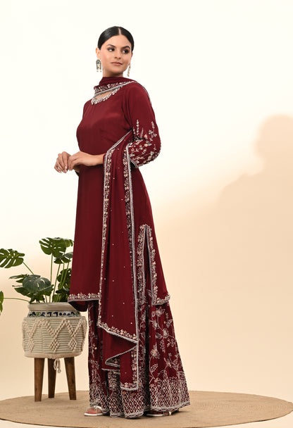 Rich Maroon Crepe Sharara Set with Thread and Sequin Embroidery