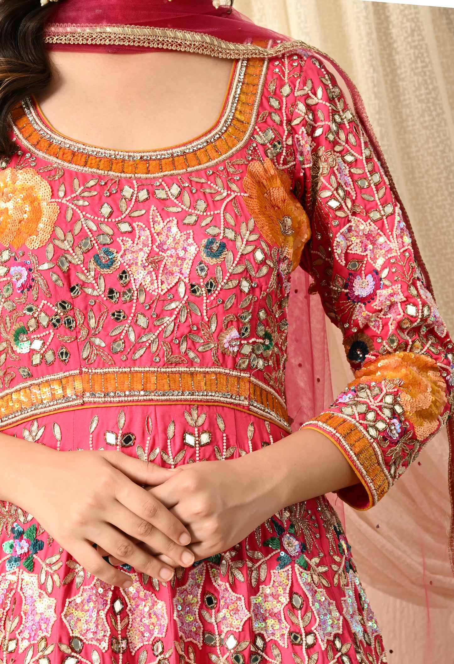 Dark Pink Anarkali with Zardozi, Sippy, Sequence, and Mirror Work