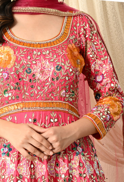 Dark Pink Anarkali with Zardozi, Sippy, Sequence, and Mirror Work