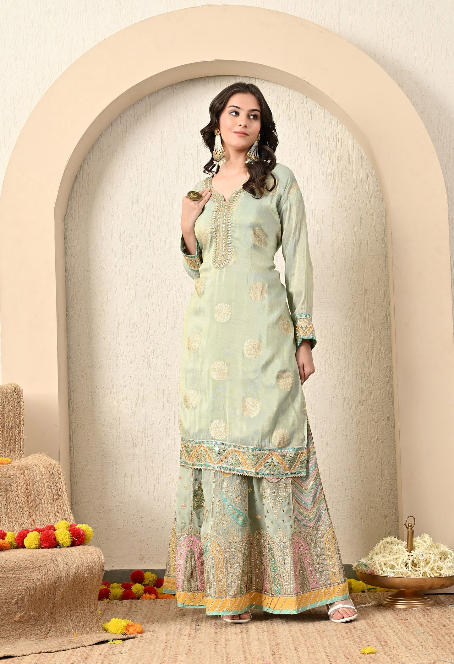 Light Green Lehenga Set with Exceptional Gotta and Zari Work