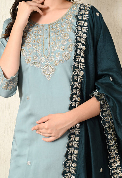 Greyish Blue Kurta Set with Zardozi and Zari work