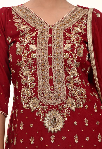 Elegant Maroon Red Kurta Set with Rich Zardozi Embroidery