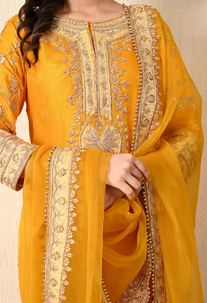 Saffron Yellow Kurta Set with Zardozi, Tilla, and Dabka Work