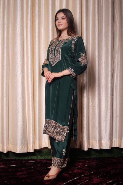 Mesmerising Bottle Green Kurta Set with Intricate Zardozi Work