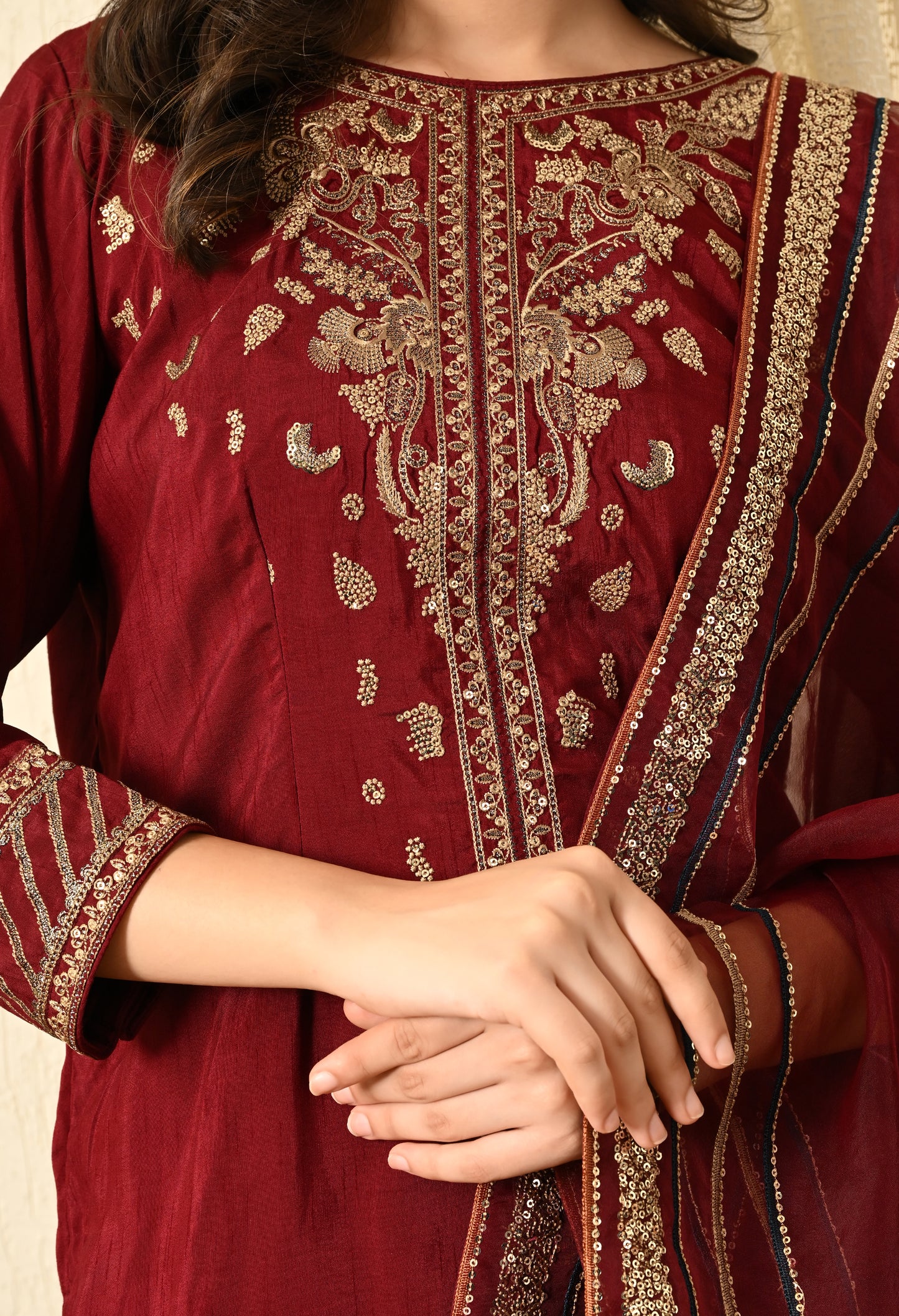 Red Maroon Sharara Set with Thread, Zari, and Sequence Work