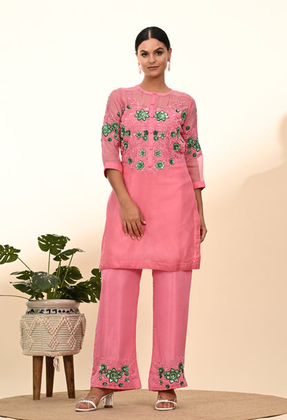 Charming Pink Kurta Set with Sequence and Thread Embroidery