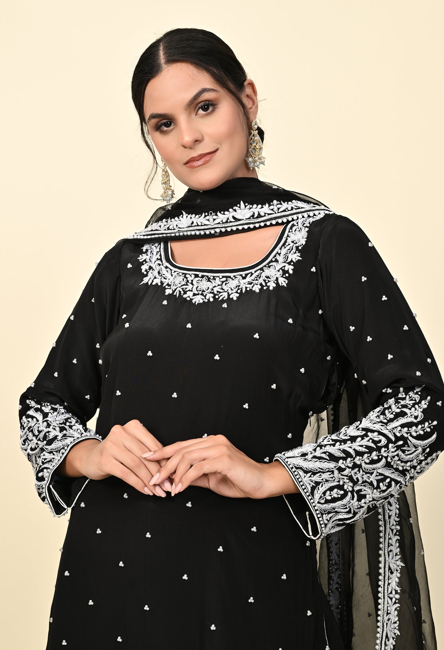 Sophisticated Black Sharara Set with Thread and Sequin Embroidery