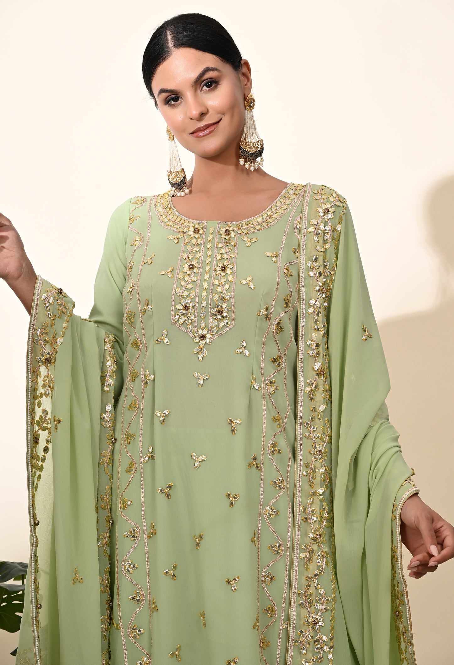 Regal Light Green Georgette Sharara Set with Zardozi Embroidery