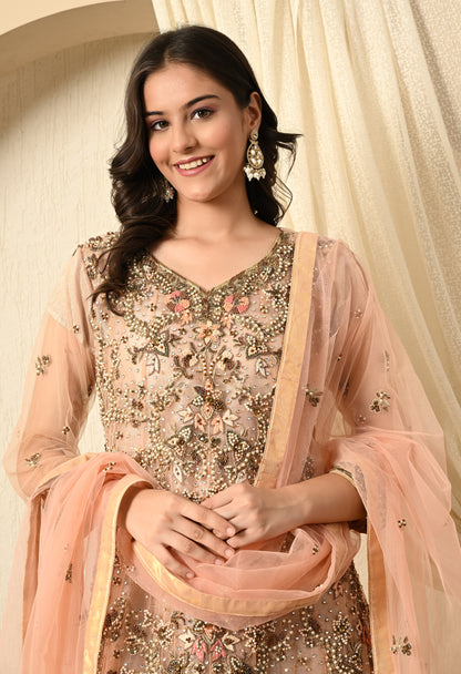 Peach Sharara Set with Zardozi, Thread, Sequence and Cutdana Work