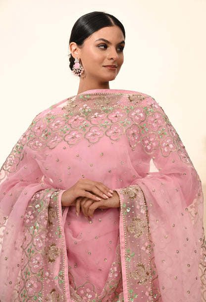 Elegant Onion Pink Organza Kurta Set with Sequence and Thread Embroidery