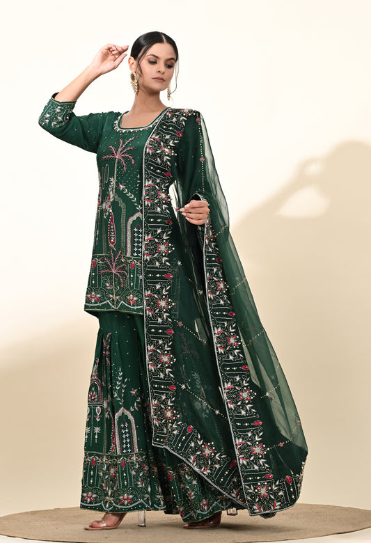 Royal Bottle Green Sharara Set with Exquisite Zardozi Embroidery